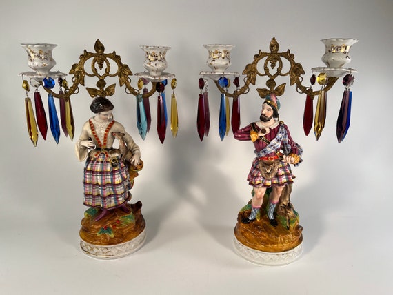 Antique Candleabra Scottish Figures on Porcelain w Multicolored Prisms Likely German-made Circa 1860