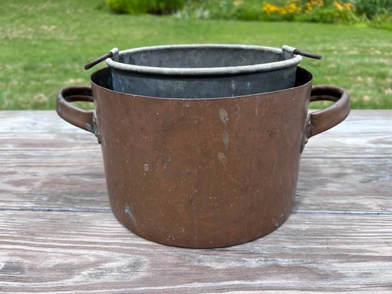 Antique Earlier Copper Cooking Pot w Homemade Tin Strainer