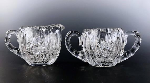 Antique American Brilliant Cut Glass Creamer and Sugar Set