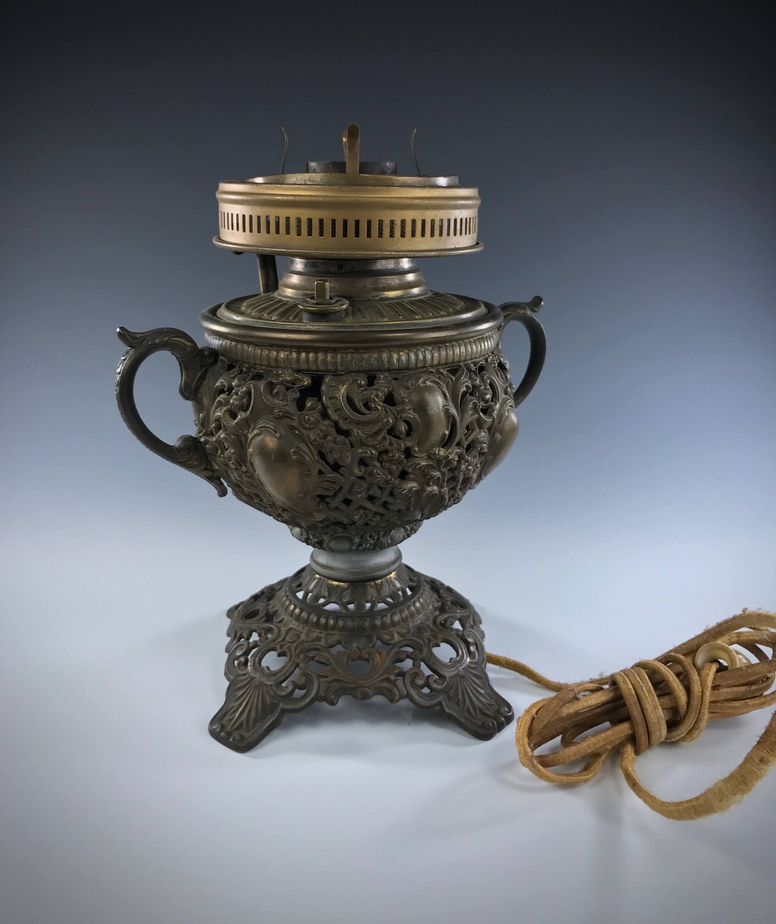 Antique MILLER Oil Lamp B And H Font Model Fancy Metal Body ELECTRIFIED