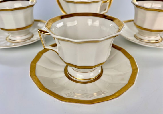 Antique Tressemane & Vogt Coffee Cups Saucers 12 sided Gilded Edge 4 SETS