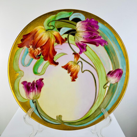 Julius H Brauer LARGE Hand Painted Charger Parrot Tulip Decoration Limoges 12.5"