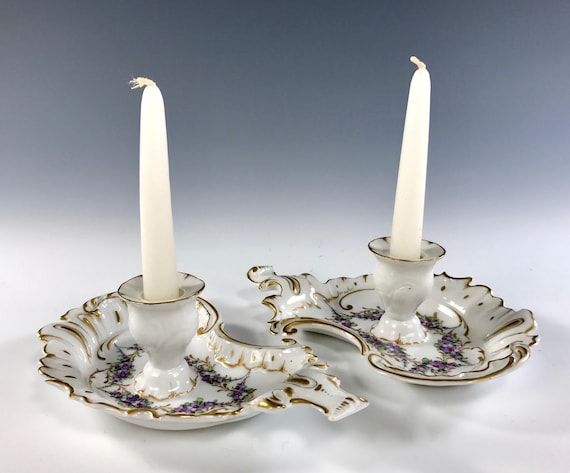 Gorgeous Antique Pair of German Hand Painted Chamberstick Candleholders | Rococo | Forget Me Nots
