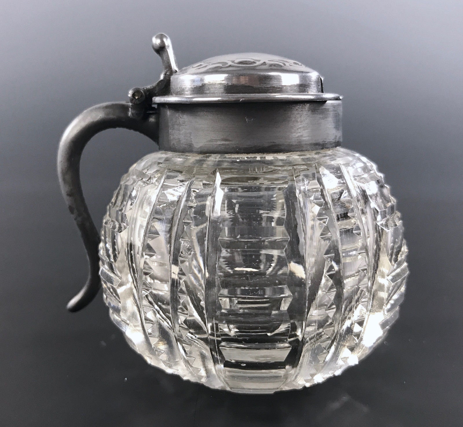 American Brilliant Cut Glass Mustard Pot Silverplated Top