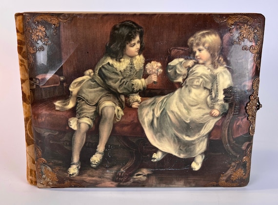 Antique Victorian Photo Album Children On Cover Clasp Intact Velvet Back