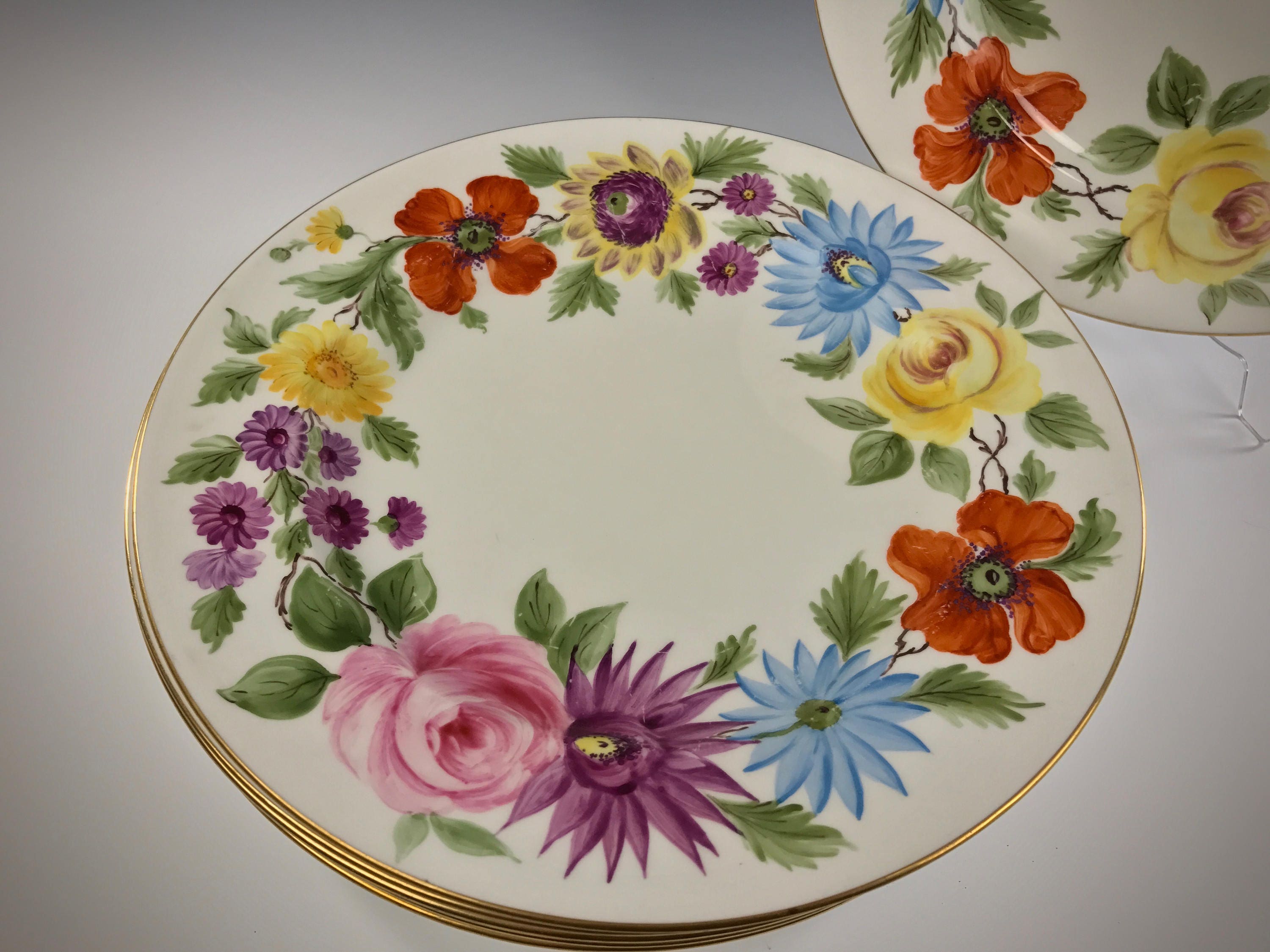 Antique WEDGWOOD CHINA Dinner Plates Hand Painted Flowers 6 Pieces