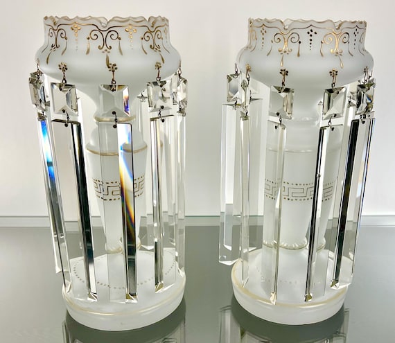 Spectacular Huge Antique Mantle Lustres White Opaline Glass w Gilded Decoration ALL ORIGINAL PRISMS - 13.5" Tall