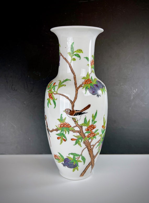 Antique Asian Vase Hand Painted Birds Flowers Pomegranates Branches