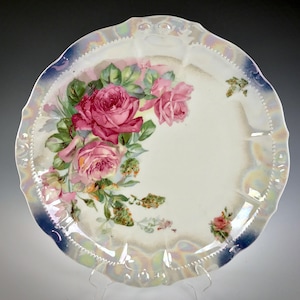 Antique VICTORIAN Cake Plate German Porcelain w Rose Decoration IRIDESCENT FINISH