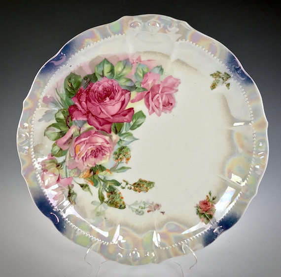 Antique VICTORIAN Cake Plate German Porcelain w Rose Decoration IRIDESCENT FINISH