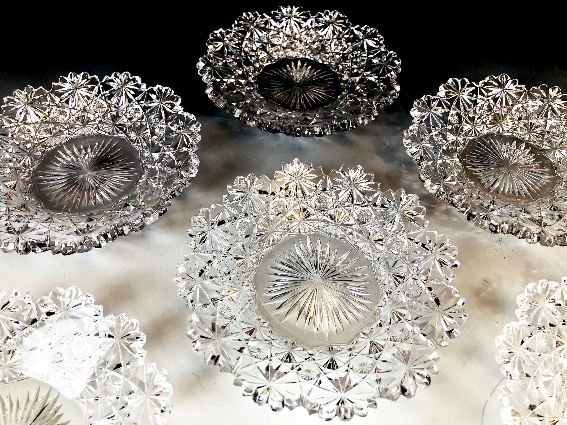 Antique AMERICAN BRILLIANT Cut Glass RUSSIAN Cut Small Underplates Set