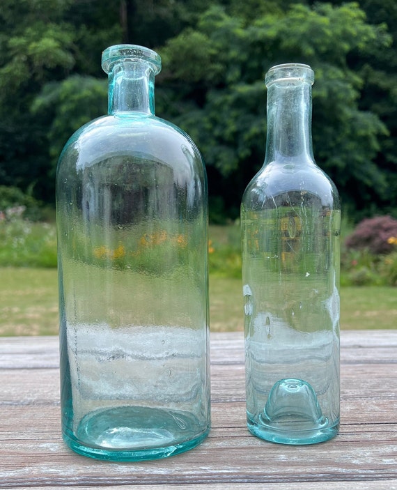 Antique Bottle Lot of 2 - pale light green/blue - 1 Apothecary Bottle 1 Wine