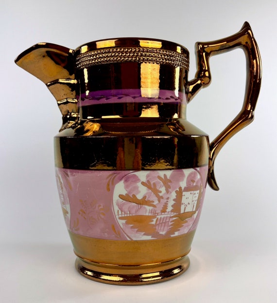 Antique Copper/Pink Lustre Pitcher Pink and Purple Village Scenes Staffordshire