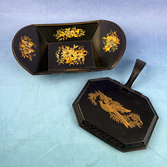 2 PCS VINTAGE TOLEWARE Bread Tray & Silent Butler Black With Gold Decorations