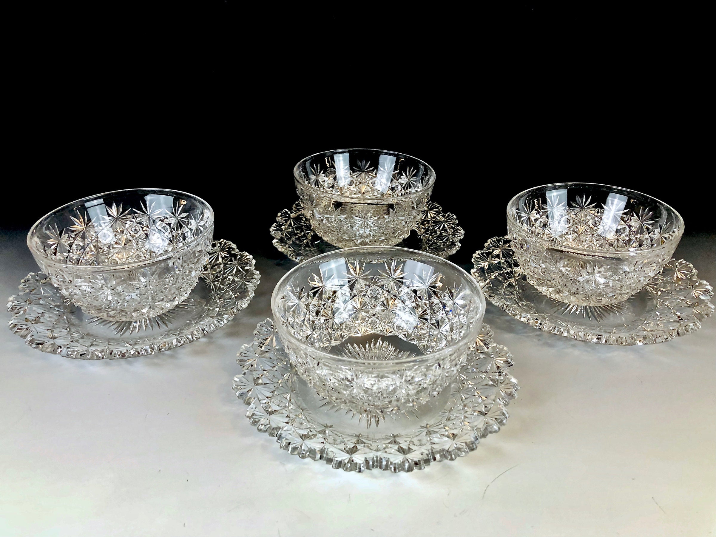 Antique AMERICAN BRILLIANT Cut Glass RUSSIAN Cut Finger Bowls Matching
