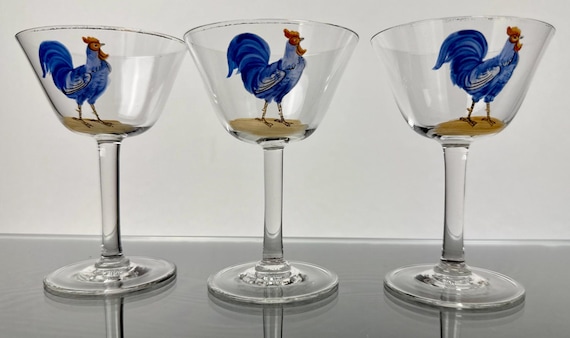 Vintage Mid-Century Cocktail Glasses Set With Hand Painted Blue Rooster Decoration 3 Pc +