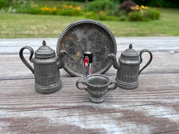 Antique Pewter Child's Play Coffee Set 2 Pots Sugar & Tray German Marks Peretti