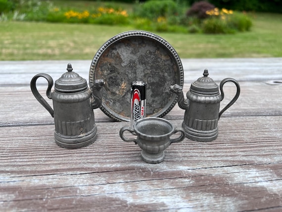 Antique Pewter Child's Play Coffee Set 2 Pots Sugar & Tray German Marks Peretti