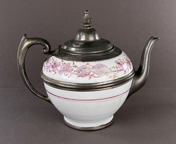 Antique Manning & Bowman Graniteware Silverplate Mounted Teapot 4Q19C