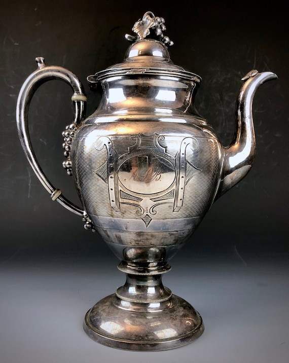 Antique Silverplated Coffee Pot Middle 19th Century Engraved Monogram ASB Grape Cluster Finial