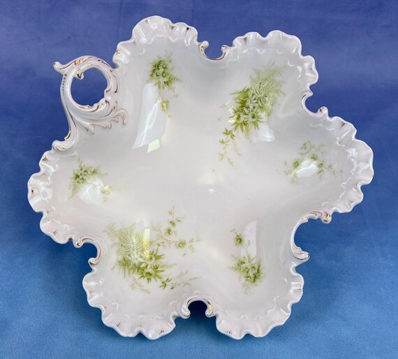 ROSENTHAL Low Ruffled Antique Handled Bowl MONBIJOU Green Florals