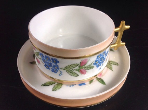 Antique Beautiful Hand Painted Aesthetic Period Cup And Saucer With Pink Roses And Forget Me Nots Very Nice Gilding
