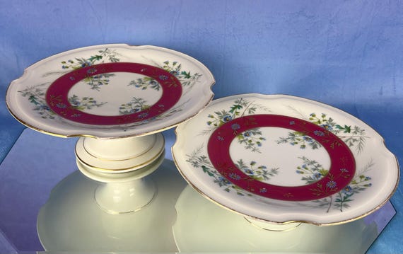 Antique Hand Painted Germany DESSERT PLATEAUX Blue Asters Design Set Of 2