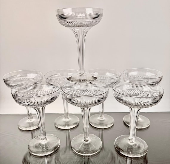 Antique Edwardian Cut Glass Champagne Coupés 8 Piece Set