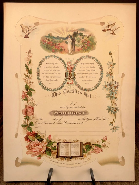Antique Original Victorian NOS Marriage Certificate Lithographic Print with Roses, Hepatica, Blossoms, and Birds