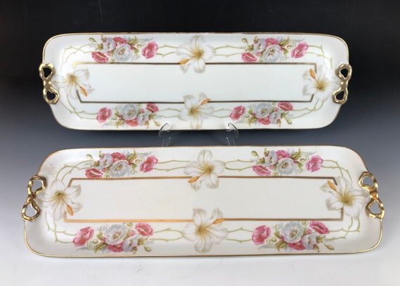PAIR of Antique LDB & Co Prince Regent China Bavaria Bread Trays Mallow and Poppy Decorations