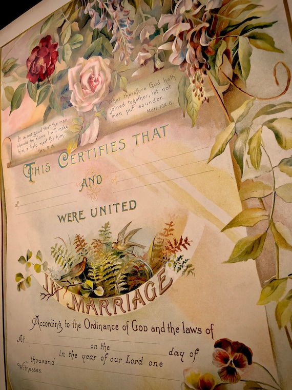 Antique Original Victorian NOS Marriage Certificate Lithographic Print with Wisteria, Roses, and Pansies