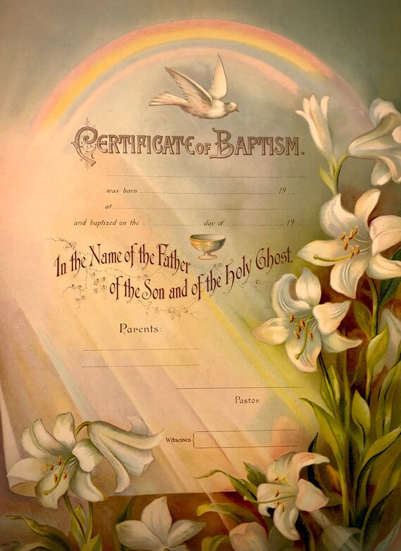 Antique Original Victorian BAPTISM CERTIFICATE NOS New Old Stock with Dove, Lilies, Rainbow, and Heavenly Light