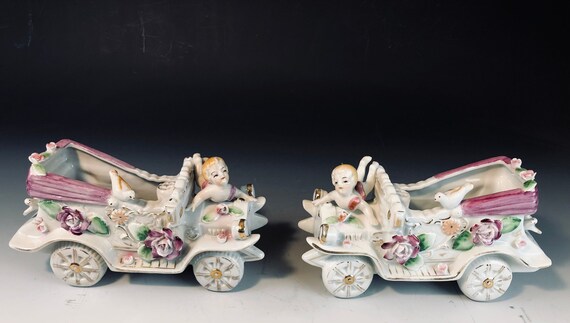 Kitschy Japanese-made Porcelain Car planters with Cherubs and Doves.