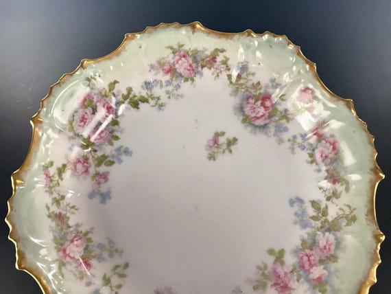 Antique B&H Blakeman Henderson Limoges Fancy Rim Center Bowl Roses Forget Me Not Decor