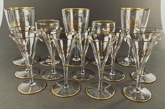 Antique Stemware Mouthblown Gilded Edge 3 Water 2 Wine 9 Sherry Monogrammed DLE 14 PCS