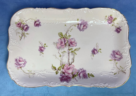 Merkelsgrun Porcelain Rectangular Vanity Tray Purple & Pink Roses Circa 1912