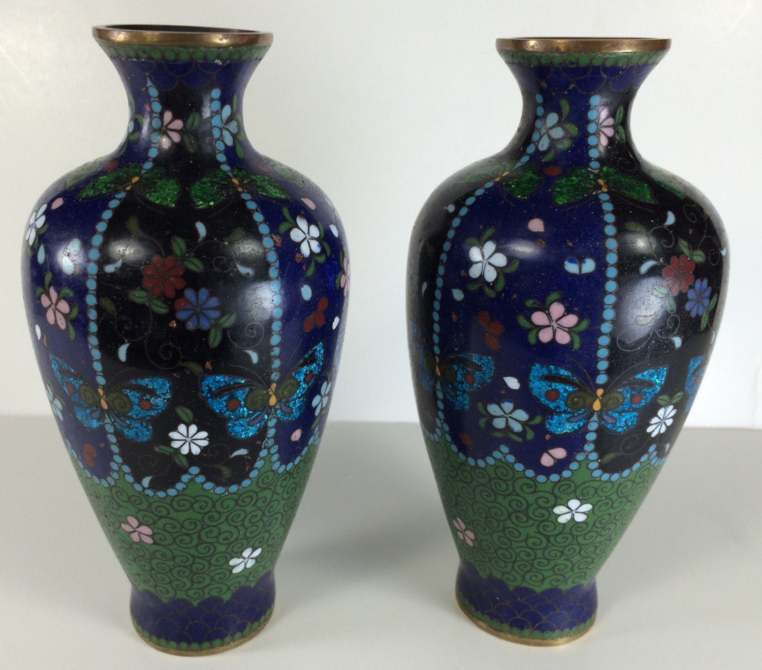 Antique Japanese Meiji Period Cloissone Vases Featuring Butterflies and