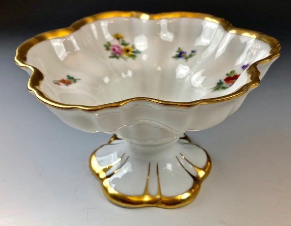 Antique KPM Porcelain Lobed Footed Comport or Compote Hand Painted Flowers
