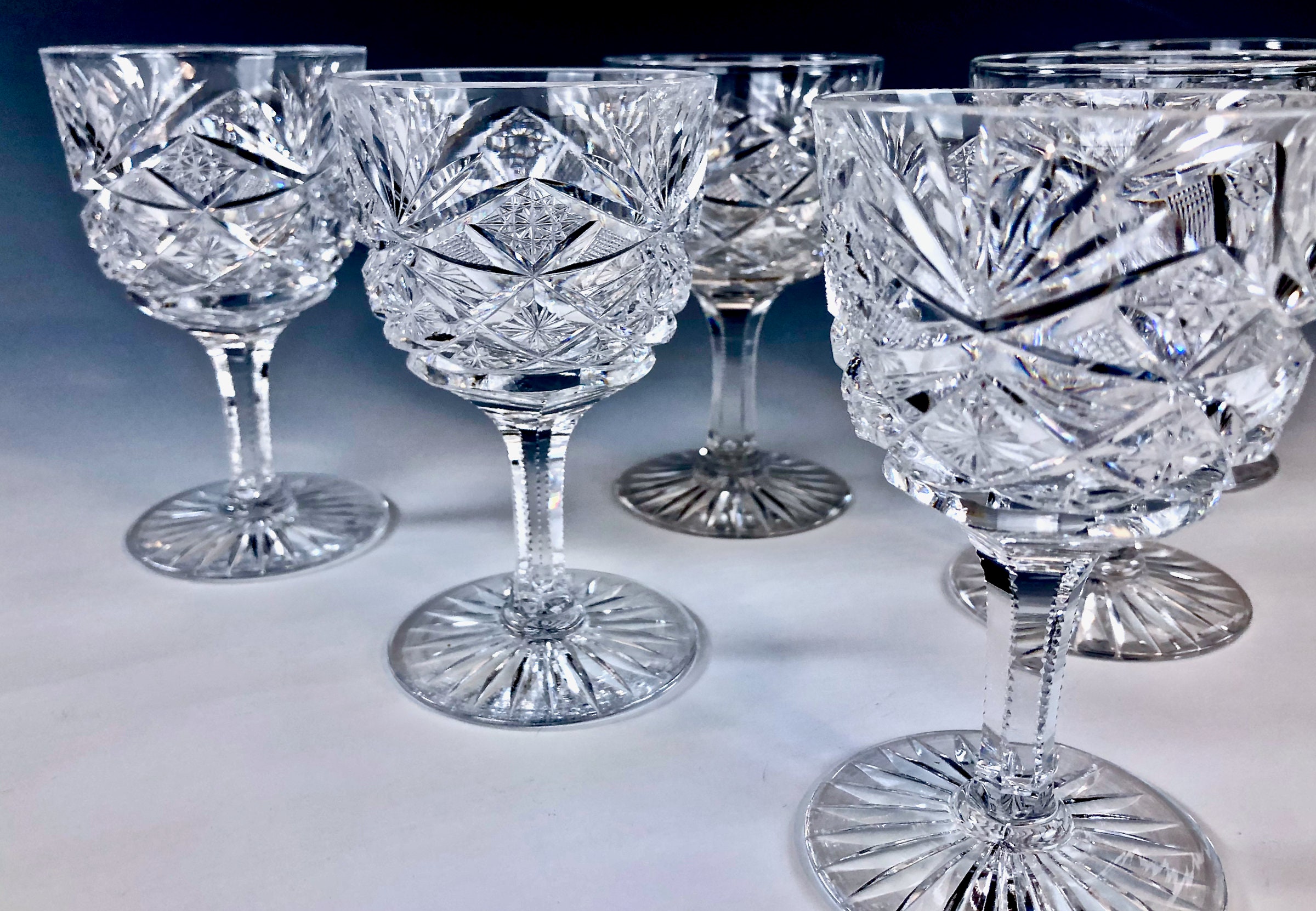 American Brilliant Cut Glass Wine Glasses Set of 6 Beautifully Cut