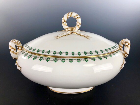 Fabulous Antique Large English Pottery Covered Server Green Shamrocks Ribbon Handles 1872
