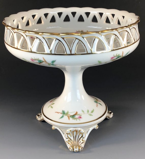 Antique OLD PARIS PORCELAIN Moss Roses Pattern Footed Compote Reticulated Gallery