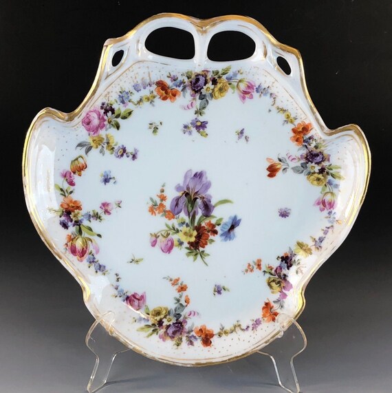Antique FLEURS DE SAXE Germany Dresden Floral Sweets Tray Iris Roses Tulips Transferware