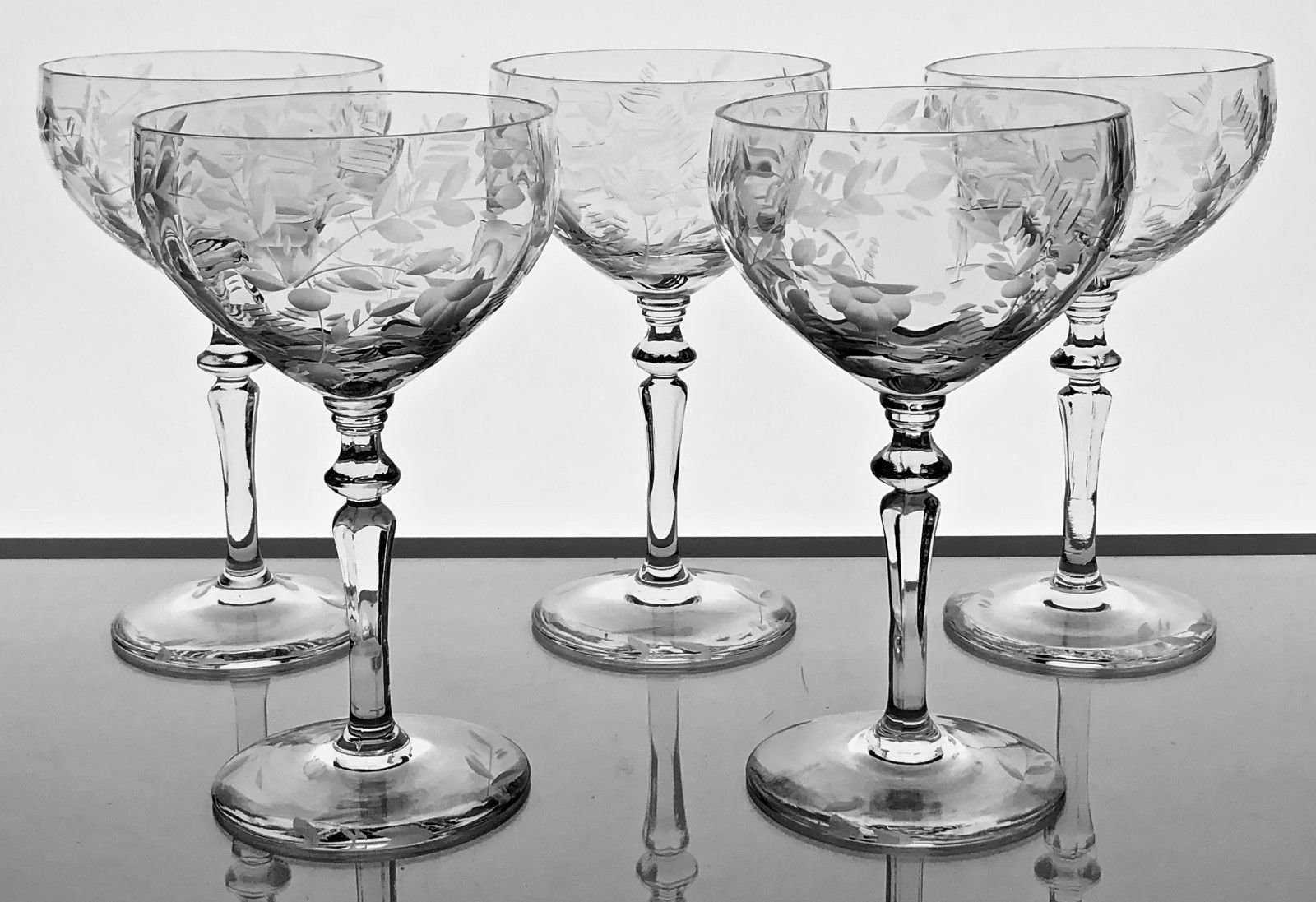 5 PIECES Engraved Glass Cocktail Glasses Likely American Glass