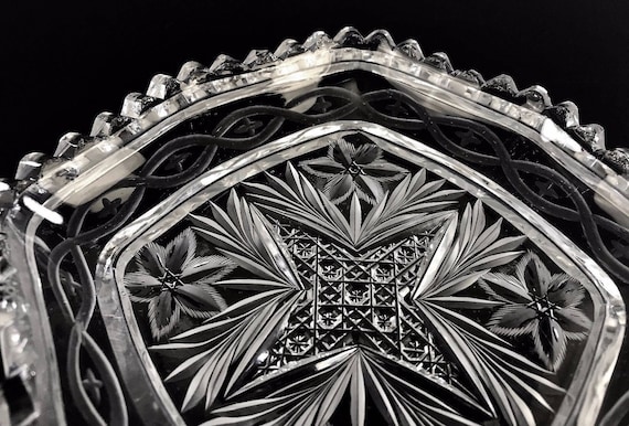 Antique CLARK American Brilliant Period Small Square Low Dish Floral and Geometrics American Brilliant Cut Glass