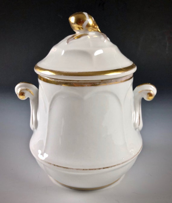 Antique Old Paris Porcelain Sucrier Large Covered Sugar Bowl White & Gold