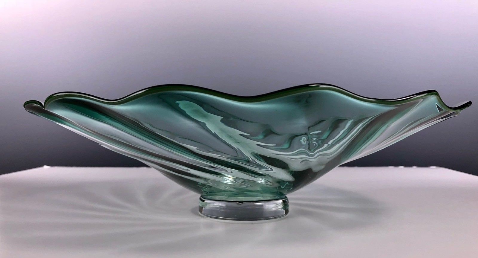 Vintage Hand Blown Centerpiece Glass Bowl Signed CRYSOPHIA Aqua Color