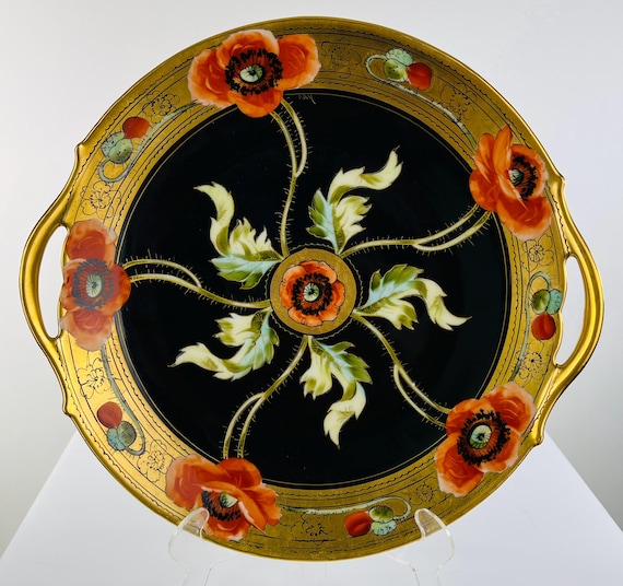 PITKIN & BROOKS T and V Hand Painted Cake Plate Poppy Decor BLACK Heavy Gilt Limoges