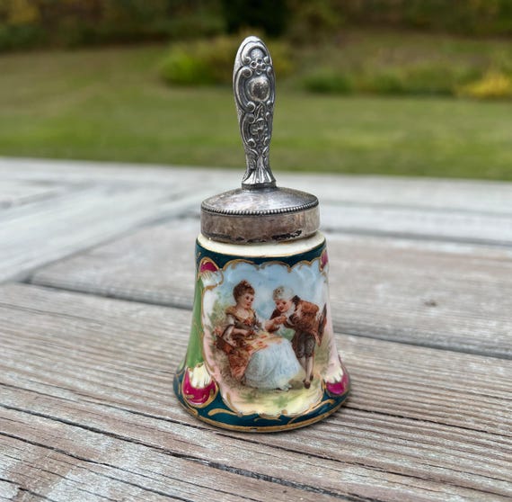 Antique Austrian China Paste Pot w Silverplate Handle Courting Couple Decoration