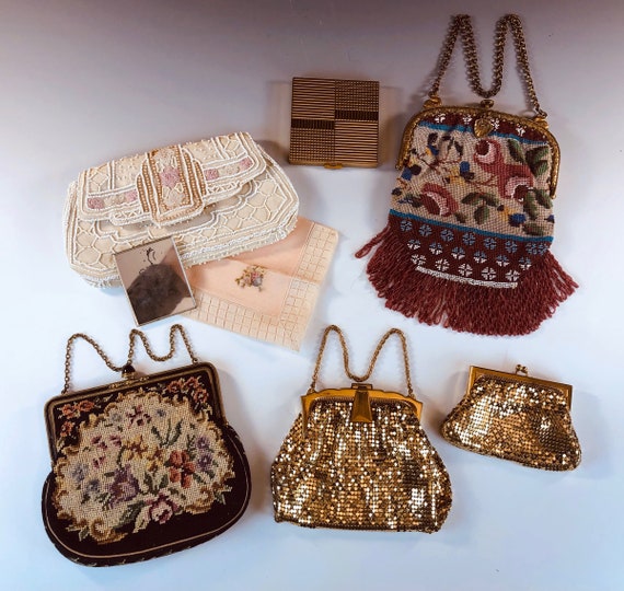 ANTIQUE and VINTAGE HANDBAGS Microbead, Crewel, Wh