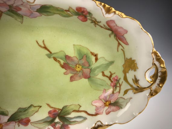 Antique ROSENTHAL VERSAILLES Hand Painted Celery Artist Signed Wild Roses Gilding 1891-1906